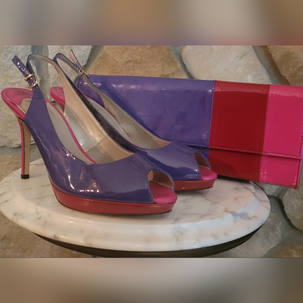 Women's shoes and matching handbag, patent leather,  multi-colored, gently used